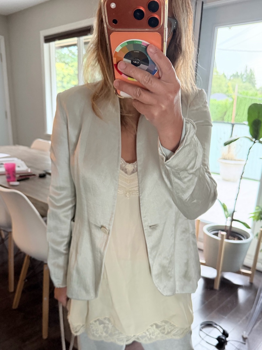 Theory satin silver blazer in size 4